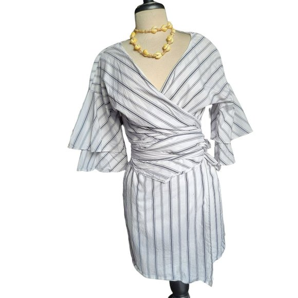 Wayf Womans White Blue Beach Beckett V-Neck Striped Wrap Dress Size Small - Picture 1 of 11